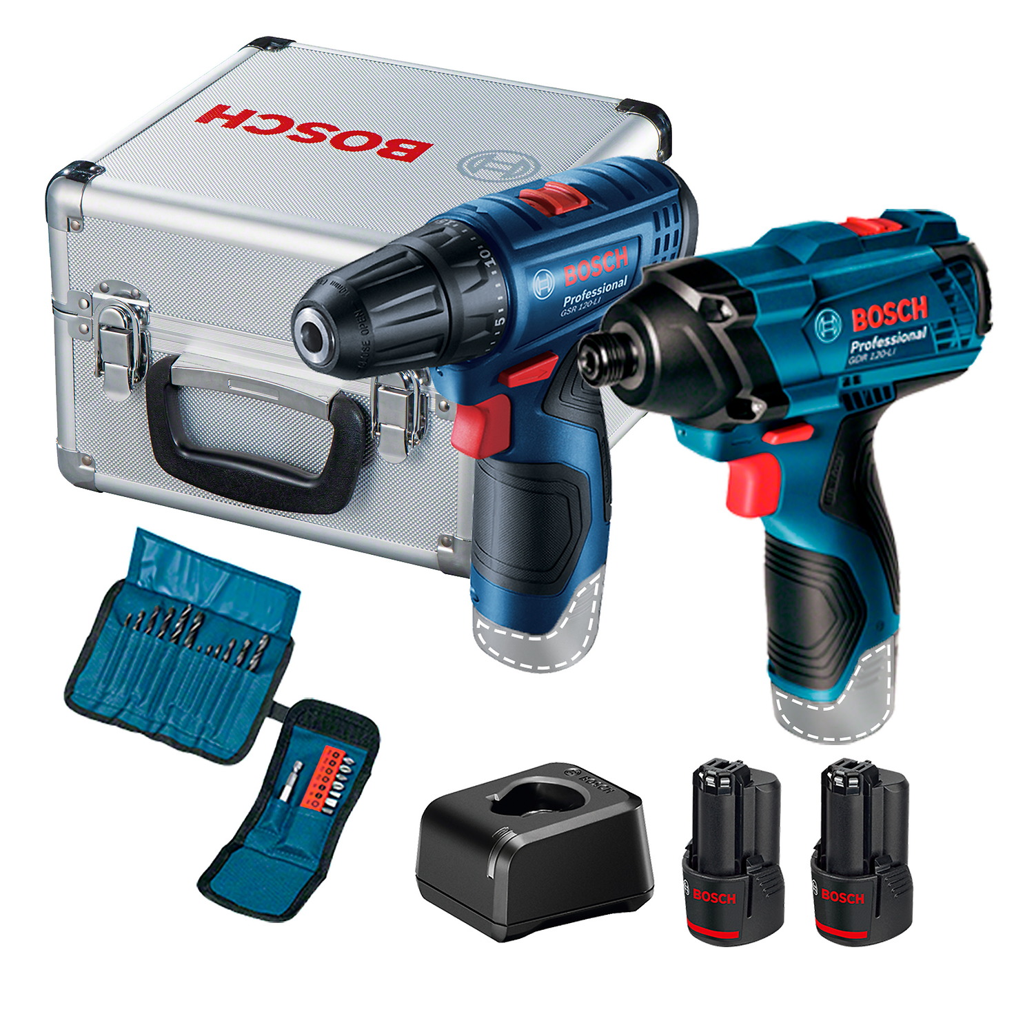 06019G80G4 Combo Bosch de Atornillador GSR 120-LI + Llave de impacto, con 2 baterías, maletín y 23 accesorios