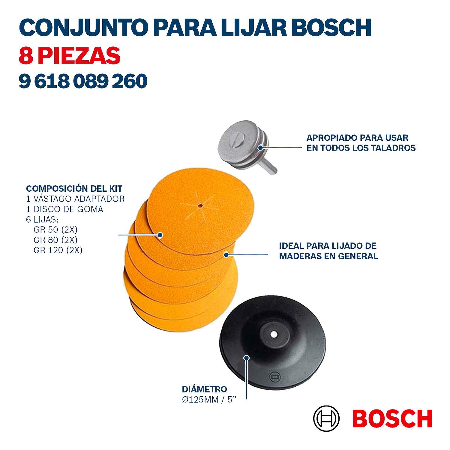 9618089260 Kit de Lijado para taladro: Plato de goma , haste e Lijas G50/80/120 - Imagen 3